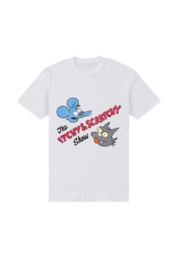 Hvid bomuld t-shirt med et farverigt grafisk billede af en blå mus og en sort kat. Teksten lyder "The Itchy & Scratchy Show" i fede røde bogstaver.