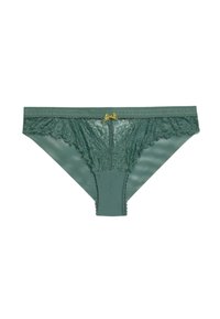 Groene kant en gaas string met een gladde afwerking, voorzien van een delicate gele strik in het midden en gekartelde randen.