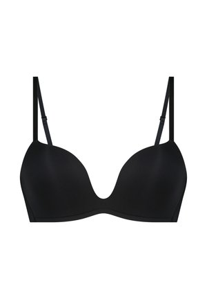 Zwarte gevoerde beha van soepele stof, met een diepe halslijn, verstelbare bandjes en zonder versieringen, ontworpen voor een naadloze onderkleding.