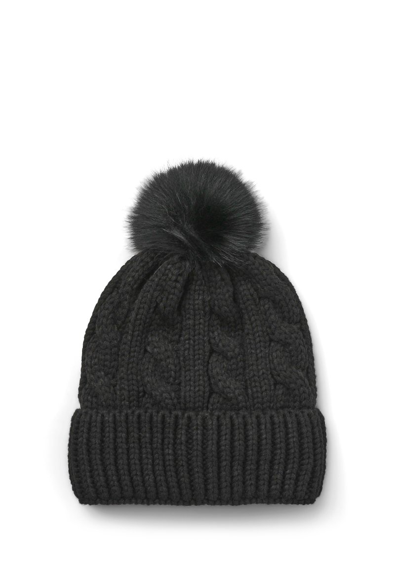 Berretto di maglia nera con motivo a trecce, dotato di un bordo a costine e di un morbido pom-pom rotondo in pelliccia sintetica sulla parte superiore.