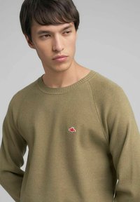 Olivengroene gebreide trui met een ronde hals en raglanmouwen. Heeft een klein rood geborduurd logo op de borst. Soepele textuur.