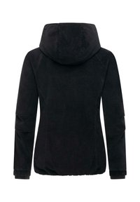 Black hooded jacket with a soft texture, elastic cuffs, and a gathered hem. Features a smooth surface and minimalistic design.