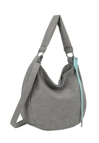 Grauem Wildleder-Hobo-Handtasche mit gepolstertem Schultergurt, zusätzlichem langem Gurt und mintgrünem Kordelzugdetail am Reißverschluss.