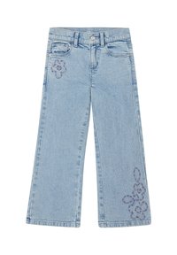 Vaqueros de pierna ancha en azul claro con bordado floral en la parte superior del muslo izquierdo y en la parte inferior de la pierna derecha, bolsillos delanteros y trabillas para cinturón.