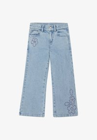Vaqueros de pierna ancha en azul claro con bordado floral en la parte superior del muslo izquierdo y en la parte inferior de la pierna derecha, bolsillos delanteros y trabillas para cinturón.
