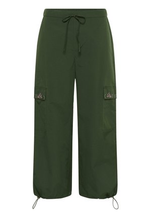 Tamnozelene široke cargo hlače s vezicom u struku, džepovima na preklop na obje bedra i podesivim vezicama na rubovima.