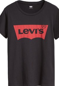 Sort bomulds T-shirt med rund halsudskæring, prydet med et stort rødt Levi's-logo i en buet form på forsiden. Korte ærmer, klassisk pasform.