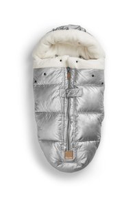 Sølv isoleret babyfutter med frontlynlås, spænde og blød hvid fleece-foring for varme og komfort.