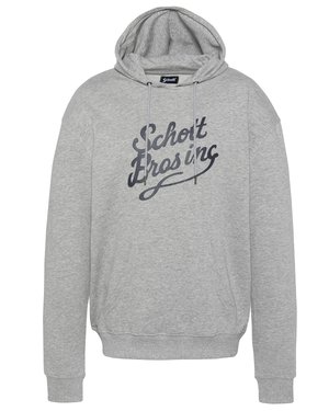 Felpa grigia realizzata in tessuto morbido, con tasca a marsupio frontale, cappuccio con cordino e stampa "Schott Bros inc" in blu scuro sul petto.