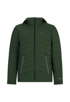 Veste isolée verte avec capuche, dotée de poches latérales zippées et de poignets élastiques ; fabriquée en matériau lisse et imperméable.
