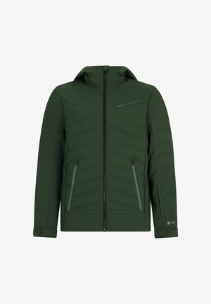 Chaqueta aislante verde con capucha, que cuenta con bolsillos laterales con cremallera y puños elásticos; fabricada con material liso e impermeable.