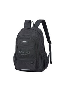 Zaino Aoking nero con spallacci imbottiti, molteplici scomparti con zip, tasche laterali in rete e una finitura in tessuto testurizzato.