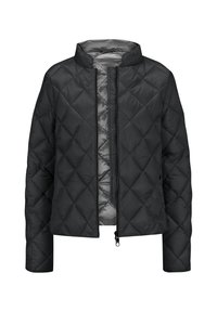 Schwarze steppte Jacke mit Stehkragen, ausgestattet mit einem Reißverschluss vorne, langen Ärmeln und einer leichten, glatten Textur.