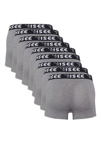 Graue Baumwoll-Boxershorts, die in einer Reihe angeordnet sind, mit einem schwarzen elastischen Bund mit weißer Schrift und Logodesign.