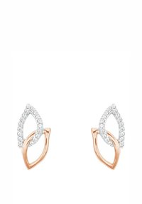 Örhängen i roséguld med bladdesign och klara kristallaccenter, som visar en slät yta och en delikat sammanflätad form.