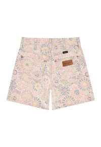 Σορτς με ψηλή μέση και παστέλ λουλουδάτο σχέδιο, δύο πίσω τσέπες, χαλκομανίες, θηλιές για ζώνη και καφέ δερμάτινο ετικέτα της μάρκας Wrangler στην δεξιά τσέπη.