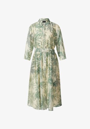 Robe mi-longue boutonnée avec col et ceinture à la taille, avec un motif de feuille de palmier verte sur fond beige clair.