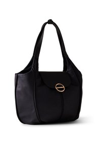 Black textured handbag with a smooth, curved shape, featuring a flap top and a gold circular hardware accent. Two sturdy handle straps.