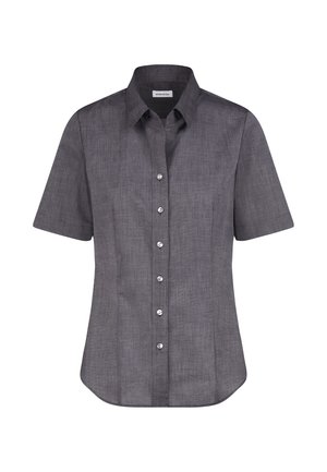 Chemise grise à manches courtes, boutonnée, coupe décontractée, col et boutons brillants. Tissu texturé avec un motif subtil, ourlet arrondi.