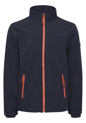 Tumesinine softshell jakk, millel on oranž tõmblukk ja rõhuasetused, sisaldades kahte küljetaskut tõmblukkudega ning kõrget kaelust. Sujuv tekstuur.