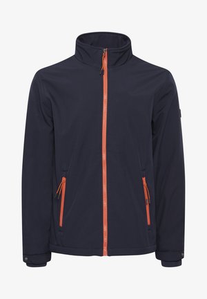 Jūros jėgos minkšta shell striukė su oranžiniu užtrauktuku ir akcentais, turinti dvi kišenes šonuose su užtrauktukais ir aukštu apykaklės dizainu. Lygus paviršius.