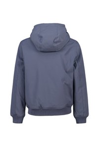 Dark gray hooded jacket with ribbed cuffs and hem, shown from the back on a white background.