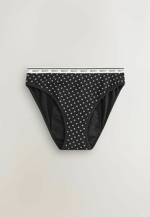 Chiloti negri din bumbac cu modele albe în formă de inimă, având o talie albă cu marca „NEXT”, proiectați cu o formă clasică și textură netedă.