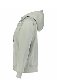 Light grey hoodie with a front pocket, drawstring hood, and ribbed cuffs and hem. Made from soft material with a smooth texture.