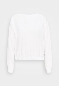 Weißes Langarm-Sweatshirt mit lässigem Schnitt, gerippten Bündchen und gerafftem Taillenbund. Weicher Stoff mit glatter Textur und V-Ausschnitt.