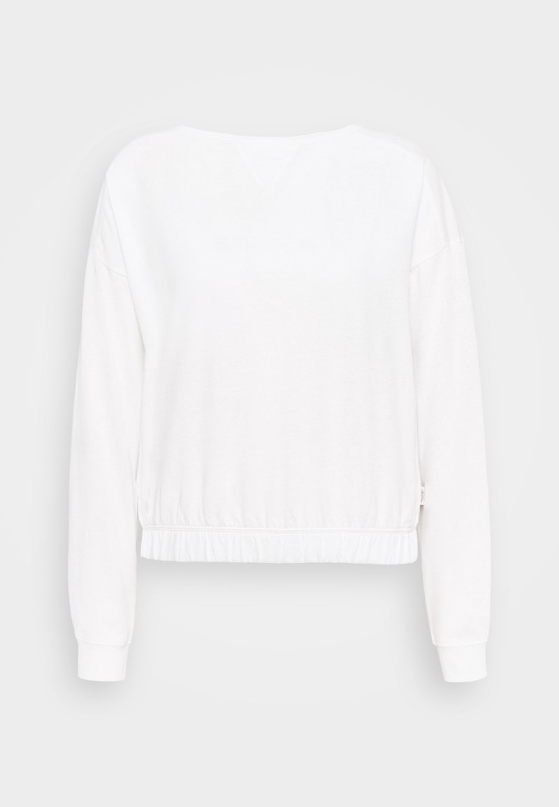 Weißes Langarm-Sweatshirt mit lässigem Schnitt, gerippten Bündchen und gerafftem Taillenbund. Weicher Stoff mit glatter Textur und V-Ausschnitt.