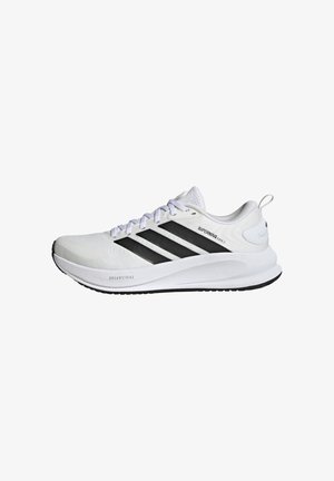 White athletic shoe with a breathable mesh upper, featuring three black stripes, a curved sole, and a padded collar. Text: "DREAMSTRIKE."