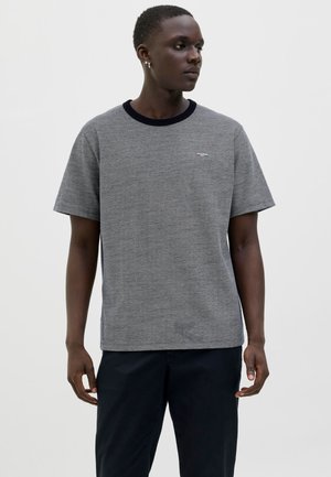 Gray short-sleeve t-shirt with a ribbed navy crew neck, featuring a small logo on the chest and a soft, textured fabric.