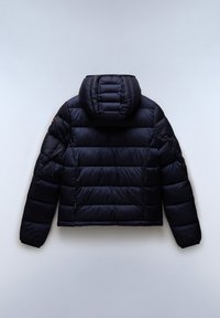 Granatowa kurtka puchowa z kapturem, z pikowanymi panelami, elastycznymi mankietami i krótkim krojem. Materiał ma gładką, błyszczącą teksturę.