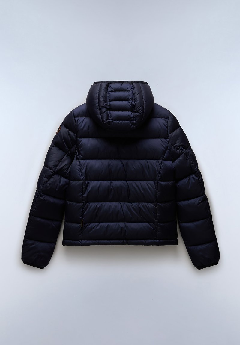 Doudoune bleu marine avec capuche, présentant des panneaux matelassés, des poignets élastiques et une coupe courte. Le tissu a une texture lisse et brillante.