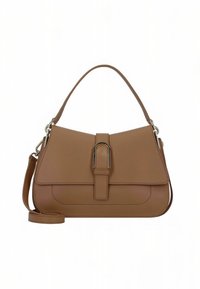 Brun læderhåndtaske med top håndtag, spænde foran og aftagelig skulderrem på hvid baggrund.