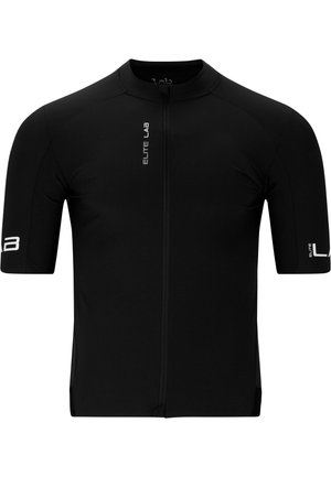 Short-sleeve black cycling jersey with a front zipper, made of technical fabric, featuring a fitted design and logo accents on sleeves.