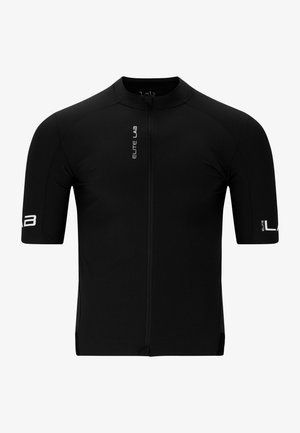 Short-sleeve black cycling jersey with a front zipper, made of technical fabric, featuring a fitted design and logo accents on sleeves.