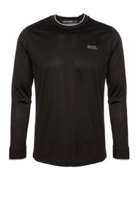 Czarna długo rękawowa koszula z miękkiego materiału, z okrągłym dekoltem i białymi przeszyciami. Logo "KARL" na lewej piersi.