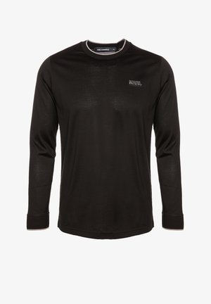 Czarna długo rękawowa koszula z miękkiego materiału, z okrągłym dekoltem i białymi przeszyciami. Logo "KARL" na lewej piersi.