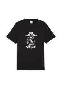 Black cotton t-shirt featuring white graphic text and illustration, stating "Drink, Smile, Repeat! Water Break!" in a playful font. Short sleeves.