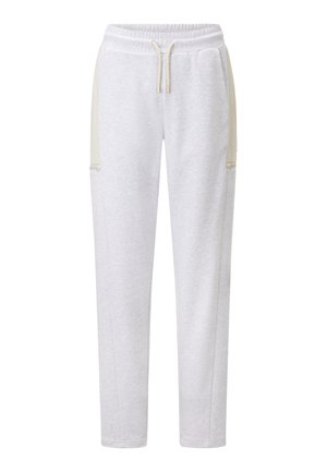 Hellegraue Sweatpants aus weichem Material mit elastischem Bund und Zugband, seitlichen Taschen und kontrastierenden beigen Paneelakzenten.