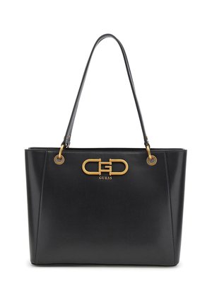 Sac cabas en cuir noir avec doubles bretelles et plaque avec logo Guess doré au centre devant.
