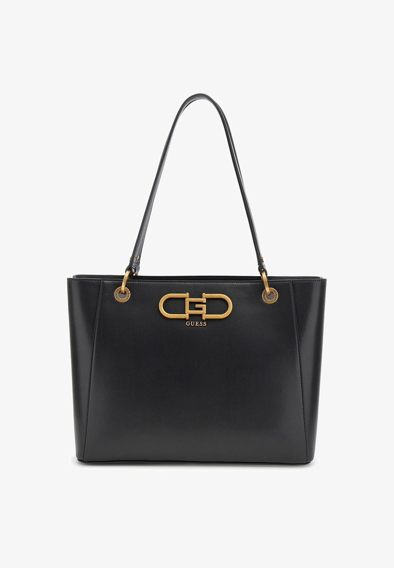 Sac cabas en cuir noir avec doubles bretelles et plaque avec logo Guess doré au centre devant.