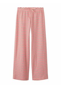 Pantaloni bianchi morbidi con strisce orizzontali rosse, vita elastica e fiocco frontale, taglio ampio.