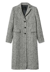 Grijze gespikkelde wollen jas met een reverskraag, vijf knopen en twee voorzakken; knielengte met een rechte silhouet.