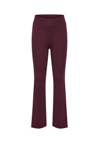 Burgunderfärgade utsvängda yogabyxor tillverkade av mjukt, elastiskt tyg med resårmidja, med en slät yta och utan synliga mönster.