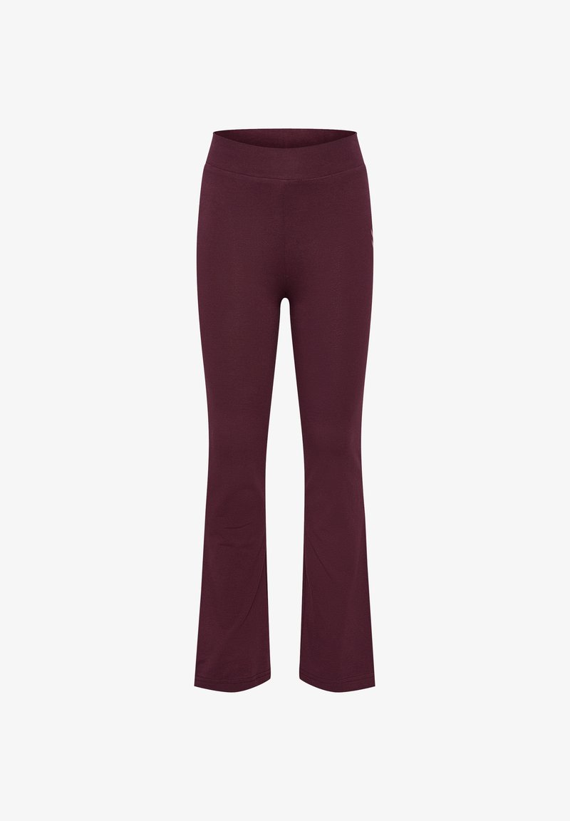 Burgunderfärgade utsvängda yogabyxor tillverkade av mjukt, elastiskt tyg med resårmidja, med en slät yta och utan synliga mönster.