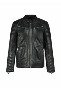 Czarna skórzana kurtka z kołnierzem stójkowym, pikowanymi akcentami na ramionach, zapinanymi na zamek kieszeniami z przodu oraz gładką teksturą w dopasowanym kroju.