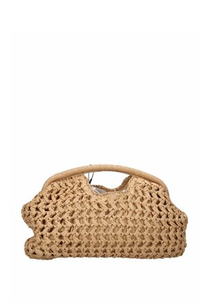 Borsa a mano rettangolare in paglia beige intrecciata con manico arrotondato, motivo a trama aperta e struttura, base piatta e chiusura a scatto.