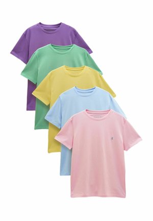 Five plain short-sleeve crew neck T-shirts in purple, green, yellow, light blue, and pink, stacked in a staggered arrangement.
